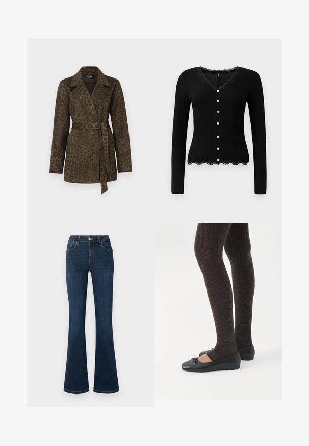 Trench-coat olive vert à imprimé léopard avec un design croisé, large col, manches longues et ceinture à la taille. Doté d'une fermeture à double bouton.; Cardigan noir à manches longues avec un col en V, des bordures en dentelle et une fermeture décorative par bouton. Présente un tissu en maille côtelée et un ourlet inférieur en forme de coquille.; Jean en denim bleu foncé avec une taille mi-haute, style cinq poches et jambes évasées, présenté à plat sur un fond blanc.; Jambes portant des leggings côtelés foncés associés à des ballerines noires avec de petits détails en nœud sur fond blanc.