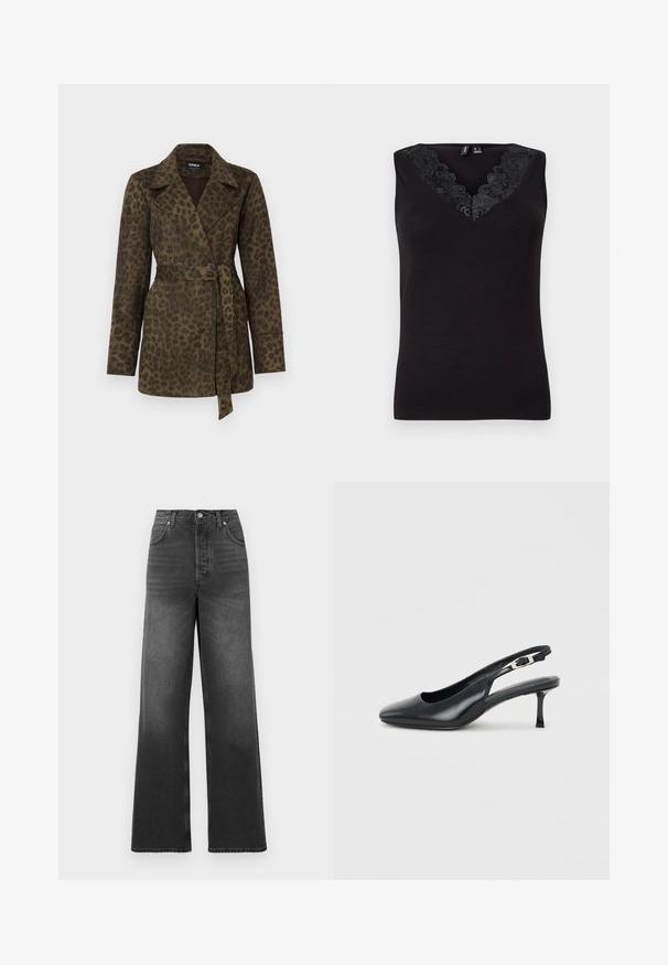 Trench-coat olive vert à imprimé léopard avec un design croisé, large col, manches longues et ceinture à la taille. Doté d'une fermeture à double bouton.; Haut sans manches noir avec un décolleté en V orné de dentelle noire, fabriqué à partir d'un tissu doux et d'une coupe près du corps.; Jeans taille haute et jambes larges en denim gris foncé. Présente un design classique à cinq poches et des détails de couture au niveau de l'ourlet.; Chaussure slingback noire en cuir à bout pointu avec un petit talon aiguille bas et une bride réglable à boucle sur un fond clair uni.