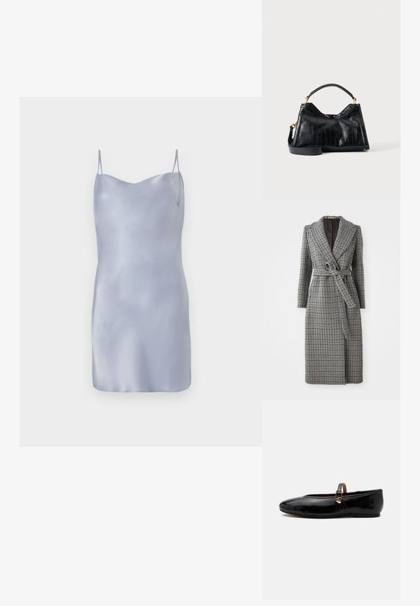 Lange, dubbelzijdige jas in een blauw-bruine houndstooth-patroon, met een riem in de taille, een reverskraag en lange mouwen.; Satin slipdress in lichtblauw met dunne verstelbare bandjes, een gladde, strakke textuur en een eenvoudige silhouet.; Zwarte glanzende platte schoen met een dunne enkelriem en kleine gouden hartvormige gesp op een effen lichte achtergrond.; Zwarte leren handtas met getextureerde verticale lijnen, korte handgreep, afneembare lange riem en goudkleurige hardware-accenten op een effen achtergrond.