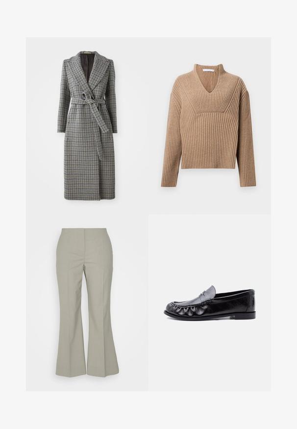 Lang, dobbeltradet frakke i et blåt og brunt hundetand mønster, med bælte i taljen, reverskrave og lange ærmer.; Beige ribstrikket sweater med dyb V-udskæring, lange ærmer og en struktureret panel ved brystet. Korte længde med en afslappet pasform.; Holzweiler WASABI TROUSERS - Bukser - teal; Sort læder herre loafer med penny-rem og detaljeret syning langs den afrundede tå, flad sål og lav hæl.