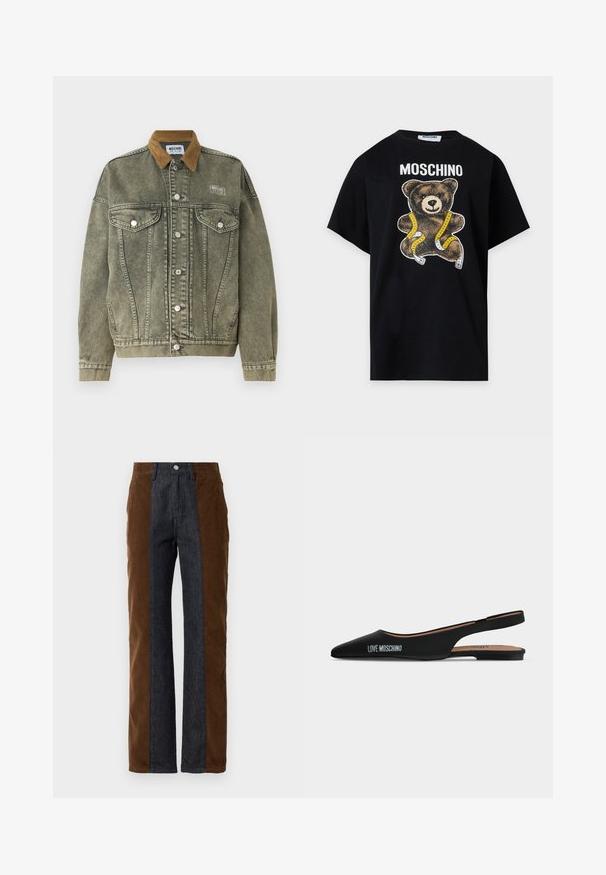 Groene spijkerjack met een bruine ribbelkraag, voorzakken met kleppen en zilveren knopen. Heeft een gestructureerde, versleten uitstraling.; Zwart Moschino T-shirt met een teddybeer gewikkeld in een geel-wit meetlint, gedrukt onder de merknaam.; Deze corduroy en denim broeken zijn voorzien van verticale paneelindelingen in donkerbruin en marineblauw, hebben een rechte pasvorm en een standaard vijf-pocketontwerp.; Zwarte puntige slingback platte schoen met lage hak en "LOVE MOSCHINO"-logo aan de zijkant tegen een effen lichte achtergrond.