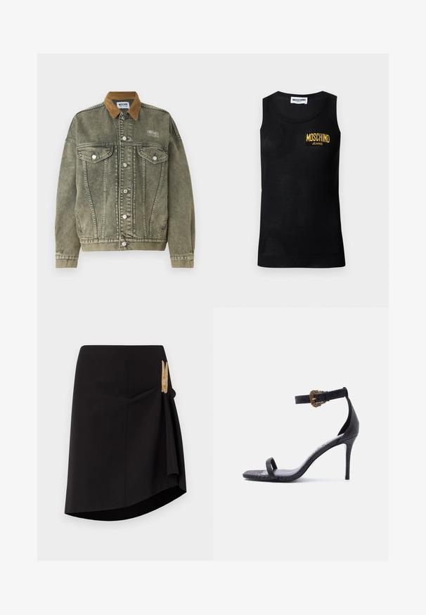 Grøn denimjakke med en brun corduroykrave, lommer med klap foran og sølvknapper. Har et tekstureret, slidt udseende.; Sort ærmeløs tanktop med ribbet kant og en gul "Moschino Jeans" logo patch på venstre bryst.; Sort slynge nederdel med en diagonal søm, glat tekstur og et gyldent dekorativt spænde på siden. Enkelt og tætsiddende design.; Sort højhælet sandal med tynd ankelrem med en detaljeret guldbøjle og en enkelt rem over tæerne, tekstureret læderfinish.