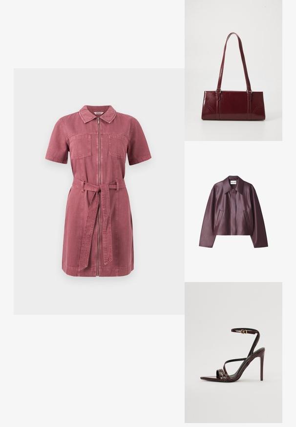 NA-KD Imiteret læderjakke - burgundy; Kortærmet støvet rosa denimkjole med frontlynlås, to brystlommer, krave og matchende stofbælte bundet i taljen.; Bordeaux laker læder højhælede sandal med ankelrem, spids tå og tre vandrette remme over foden. Detalje med spænde i guldtonet.; Bordeaux håndtaske lavet af glansfuldt materiale, rektangulær form, med to skulderremme og subtile buede detaljer på forsiden.