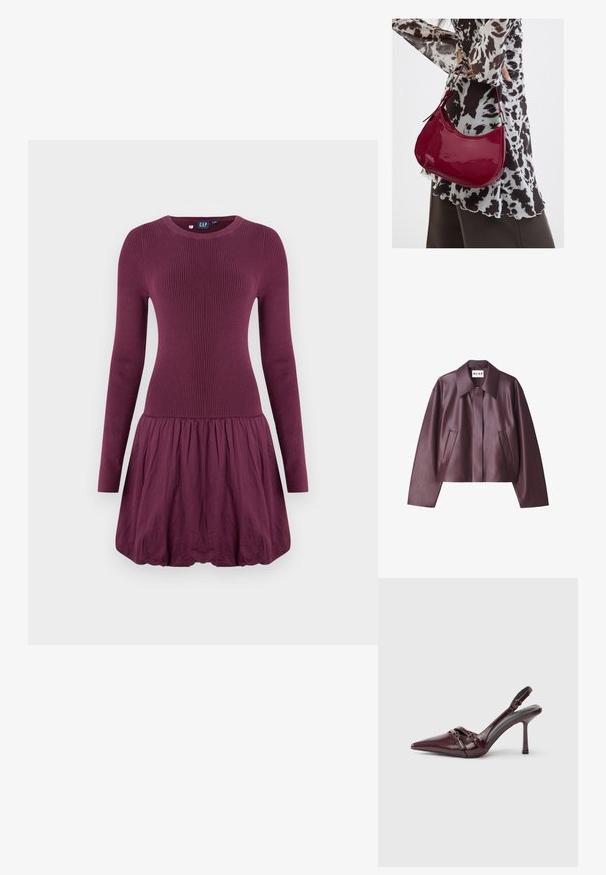 NA-KD Imiteret læderjakke - burgundy; Lilla kjole med ribbet overdel, lange ærmer og en rynket nederdel. Stoffet ser glat ud med en let tekstur.; Bourgogne laklæder slingback-hæl med spids tå, tynd ankelrem og lille dekorativ spænde. Glat tekstur og høj hæl.; Kvinde iført en sort- og hvidmønstret bluse, der holder en blank rød skuldertaske mod en ensfarvet baggrund.