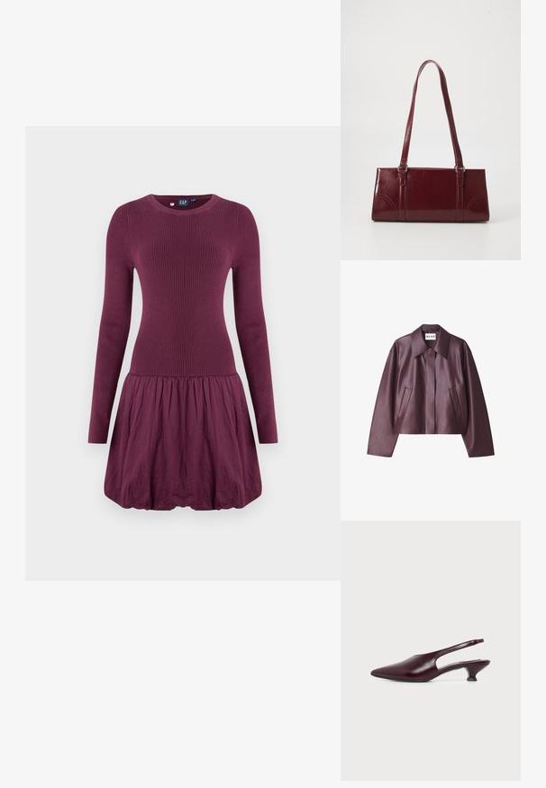 NA-KD Imiteret læderjakke - burgundy; Lilla kjole med ribbet overdel, lange ærmer og en rynket nederdel. Stoffet ser glat ud med en let tekstur.; Dames mørkerød burgundy læder slingback sko med spidst tåparti og lavt buet hæl, sidevisning på hvid baggrund.; Bordeaux håndtaske lavet af glansfuldt materiale, rektangulær form, med to skulderremme og subtile buede detaljer på forsiden.