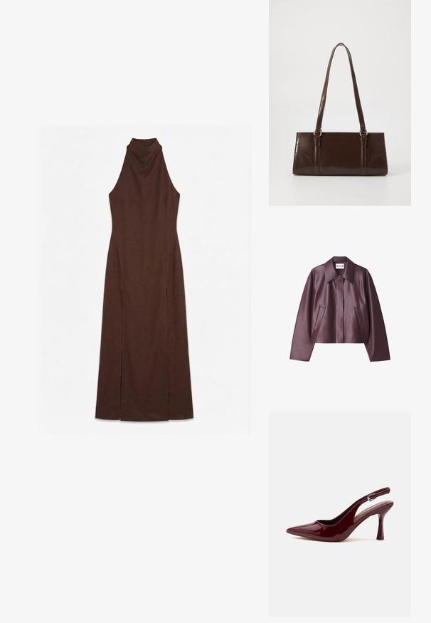 NA-KD Imiteret læderjakke - burgundy; Ærmeløs mørkebrun maxikjole med høj hals og tætsiddende talje, med sideslids fra knæ til kant.; Skinnende mørkerød spids tå slingback højhælet sko med en tynd justerbar rem og spids stilethæl på hvid baggrund.; Brun lakeret håndtaske med rektangulær form, to lange håndtag og subtile buede detaljer på fronten.