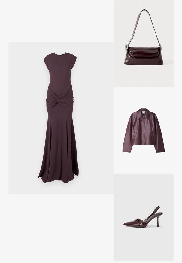 NA-KD Imitatieleren jas - burgundy; Donker pruimkleurige mouwloze avondjurk met een aangesloten lijfje, een knoopdetail in de taille en een uitlopende lange rok.; Bordeauxrode lakleren slingback met puntige neus, dunne enkelband en kleine decoratieve gespsluiting. Gladde textuur en hoge hak.; Donker bordeauxkleurige leren schoudertas met klep en een smalle verstelbare riem, weergegeven op een effen lichte achtergrond.