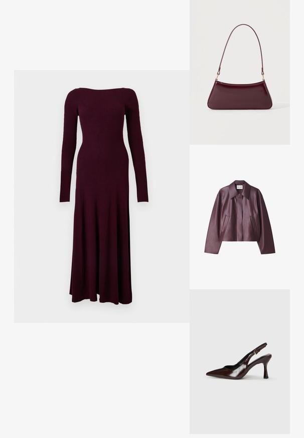 NA-KD Imiteret læderjakke - burgundy; Langærmet, ribstrikket midi-kjole i dyb burgunder med tætsiddende korset og let udskåret nederdel mod hvid baggrund.; Brune patenterede læderslingback-sandaletter med spids tå, en tynd hæl og justerbar rem med en lille spænde.; Mørk burgunderglans håndtaske med et enkelt tyndt håndtag og en elegant, trapezformet form på en ensartet lys baggrund.