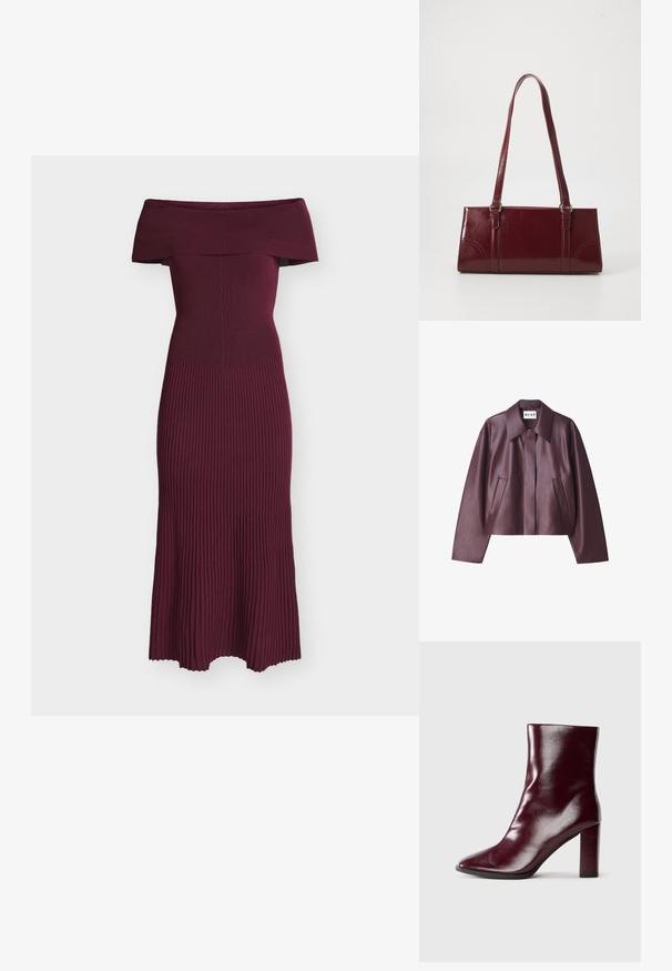 NA-KD Imiteret læderjakke - burgundy; Bordeauxfarvet off-shoulder kjole med ribbet struktur, tætsiddende krop og udvidet nederdel. Fremstillet af strækbar strikstof for komfort og bevægelsesfrihed.; Skinnende mørk bordeaux læderstøvle til midt på læggen med spids tå og blokeret høj hæl på neutral baggrund.; Bordeaux håndtaske lavet af glansfuldt materiale, rektangulær form, med to skulderremme og subtile buede detaljer på forsiden.
