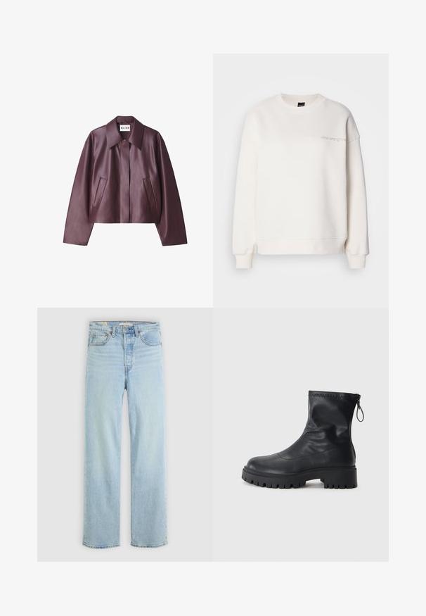 NA-KD Kunstlederjacke - burgundy; Weißer Sweatshirt aus einer Baumwollmischung. Verfügt über einen Rundhalsausschnitt, überschnittene Schultern und dezenten gestickten Text auf der Brust.; Hellblaue Jeans aus Denim mit geradem Bein, ausgestattet mit fünf Taschen, einem klassischen Reißverschluss und sichtbaren Nähthighlights.; Schwarze Knöchelstiefel aus glattem Leder, mit runder Zehenpartie, robuster Gummisohle mit grobem Profil und einem Reißverschluss an der Rückseite.