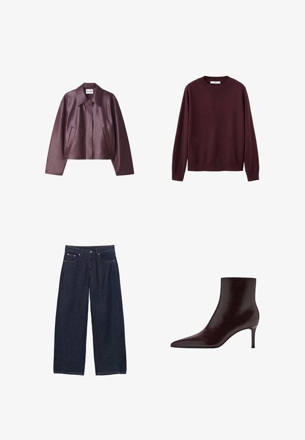 NA-KD Kunstlederjacke - burgundy; Bordeauxroter Strickpullover mit rundem Ausschnitt, langen Ärmeln und gerippten Bündchen sowie Saum. Glatte Textur, minimalistisches Design, keine Muster oder Verzierungen.; Dunkelblaue Jeans mit weitem Bein, Vorderseiten-Taschen, Gürtelschlaufen und einem Knopfverschluss an der Taille.; Burgunderfarbene Leder-Stiefelette mit spitzer Zehenform, schlankem Design und hohem Stiletto-Absatz. Glatte Textur mit dezenten Maserungsdetails.