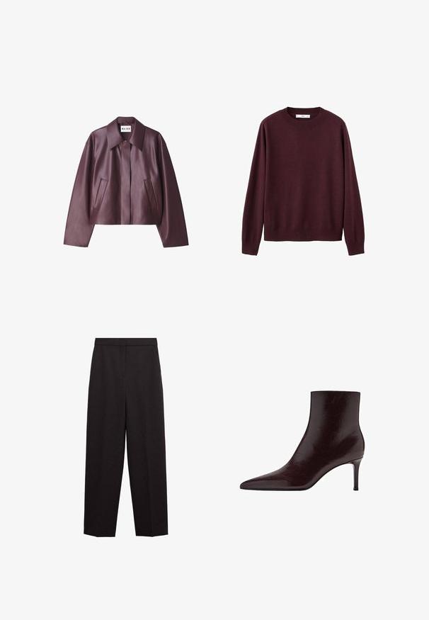 NA-KD Imiteret læderjakke - burgundy; Vinrød strikket sweater med rund hals, lange ærmer samt ribstrikkede ærmeafslutninger og kant. Glat tekstur, minimalistisk design, uden mønstre eller udsmykninger.; Sorte, højttaljede, skræddersyede bukser med lige ben, sidelommer og skjult forlukning foran.; Bordeaux læder ankelstøvle med spids tå, slankt design og høj stilettohæl. Glat tekstur med subtile korndetaljer.