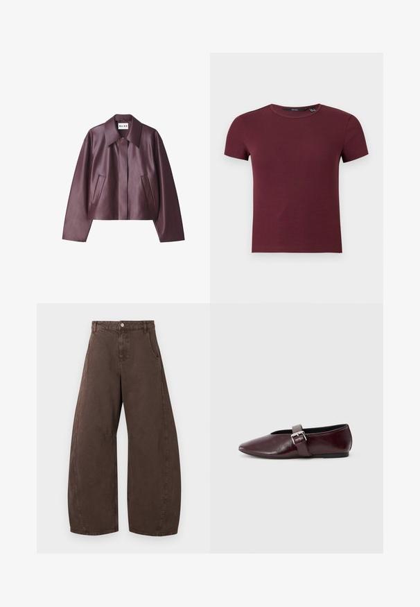NA-KD Kunstlederjacke - burgundy; Kurzärmliges, geripptes Strick-Crop-Top mit Rundhalsausschnitt in Burgund mit figurbetonter Silhouette.; Braune Hose mit weitem Bein, hohem Bund, vorne mit Knopf- und Reißverschluss sowie Seitentaschen, flach auf weißem Hintergrund ausgelegt.; Burgunderfarbene Leder-Ballettschuhe mit spitzem Schuhkopf, flacher Sohle und einem dekorativen Schnallenriemen quer über dem Spann. Glatte, glänzende Textur.