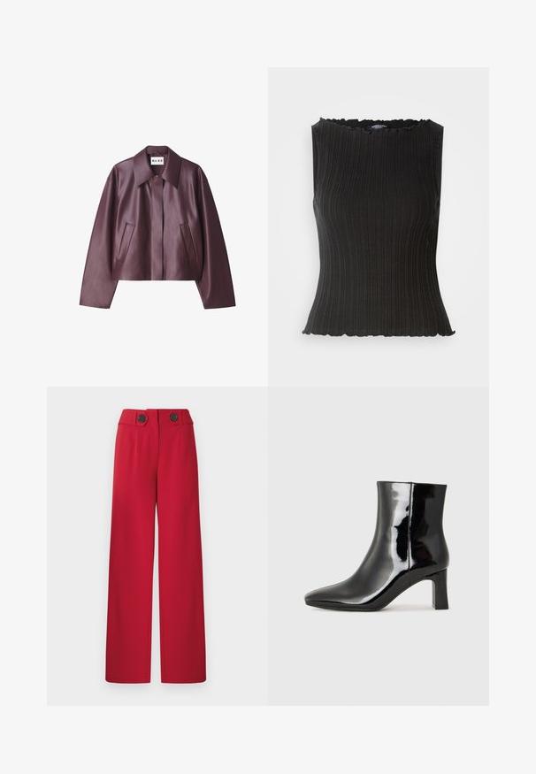 NA-KD Imiteret læderjakke - burgundy; Sort ærmeløs top med ribbet struktur, bølget udskæring og tætsiddende design. Fremstillet af strækbart stof for komfort.; Røde bukser med vidde, høj talje, to sorte knapper på linningen, for-trykninger og lige kant.; Sort lakeret ankelstøvle med spids tå og en midt-højde blokhæl. Glat tekstur og minimalistisk design.