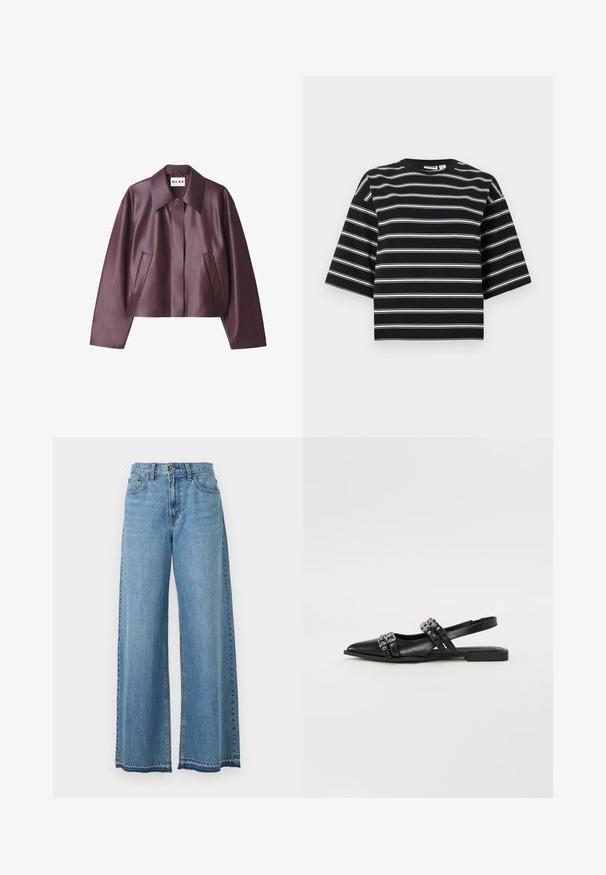 NA-KD Imiteret læderjakke - burgundy; Sort kortærmet skjorte med hvide vandrette striber og rund halsudskæring, vist mod en ensartet lys baggrund.; Lyseblå højttaljede vidde jeans med knaplukning foran, lynlås og klassisk fem-lomme-design på hvid baggrund.; Even&Odd Slingback-ballerinasko - black