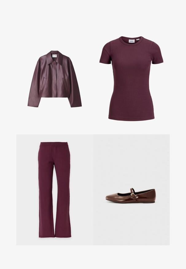 NA-KD Kunstlederjacke - burgundy; Kurzärmeliges, figurbetontes, geripptes T-Shirt in dunklem Pflaumenton mit rundem Ausschnitt und vorderem Etikett mit Marke JJXX und Größe 5.; Hose mit geradem Bein in einfarbigem dunklem Burgunderrot mit elastischem Bund, aus weichem Stoff gefertigt.; Braune Lackleder-Ballerinas mit quadratischer Zehenform und Riemen mit einer kleinen goldenen Schnalle. Glatte Textur, niedriger Absatz und minimalistisches Design.