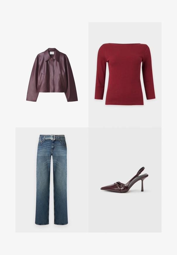 NA-KD Imiteret læderjakke - burgundy; Enkelt mørkerødt ribstrikket top med lange ærmer, bred bådudskæring og tætsiddende silhuet på lysegrå baggrund.; Blå denim jeans med lige ben, forvasket foran, fem-lommers design og et bælte med en firkantet sølvspænde.; Bourgogne laklæder slingback-hæl med spids tå, tynd ankelrem og lille dekorativ spænde. Glat tekstur og høj hæl.