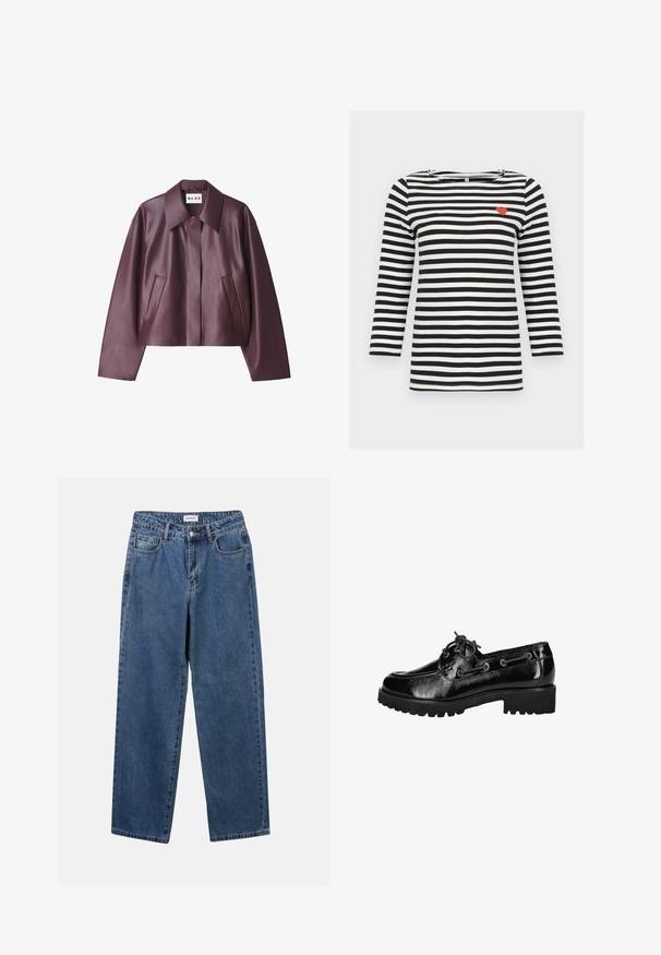 NA-KD Imitatieleren jas - burgundy; Zwart-wit horizontaal gestreept shirt met lange mouwen en een klein rood hartdetail op de bovenste linkerborst.; Klassieke blauwe denim jeans met een rechte pijp, vijf zakken en een knoopsluiting. Heeft een middelgrote wasbeurt en stevige textuur.; Zwarte gepatineerde leren veterschoen met dikke profielzool en moccasinstiksel, gezien vanuit de buitenzijde.