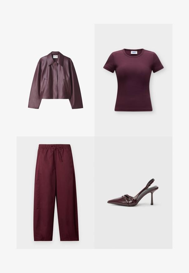 NA-KD Kunstlederjacke - burgundy; Kurzärmliges, rundhalsiges, figurbetontes, geripptes T-Shirt in Dunkellila mit sichtbarem Jjxx-Markenlabel innen im Kragen.; Locker sitzende, kastanienbraune Hose mit elastischem Bund und Kordelzug, geraden Beinen, ohne sichtbare Taschen oder Muster.; Bordeauxroter Slingback-Pumps aus Lackleder mit spitz zulaufender Vorderkappe, dünnem Knöchelriemen und kleiner dekorativer Schnalle. Glatte Textur und hoher Absatz.
