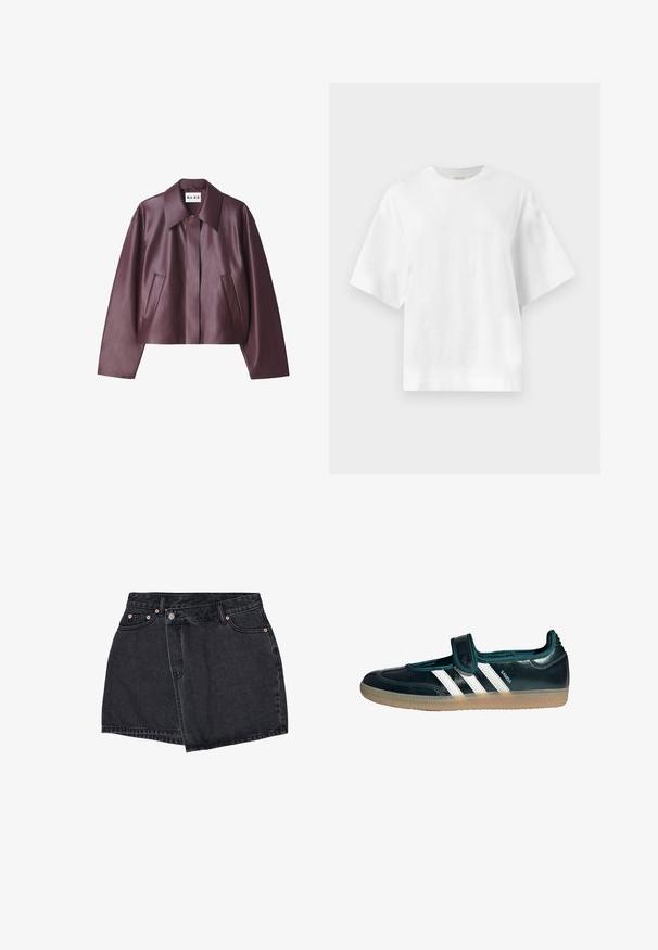 NA-KD Imitatieleren jas - burgundy; Effen witte oversized T-shirt met korte mouwen en ronde hals, plat afgebeeld tegen een lichtgrijze achtergrond.; Zwart denim mini-jurk met een rechte snit. Heeft vijf zakken, een voorknoopsluiting en contrasterende koperen hardware accenten.; Zwarte Adidas Samba-schoen met witte strepen en een klittenbandsluiting, met een rubberen zool en laag profiel ontwerp.
