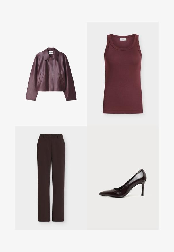 NA-KD Imiteret læderjakke - burgundy; Ærmeløs ribbet tanktop i mørk burgunder med rund halsudskæring og mærke med teksten "Marc O’Polo Denim" indvendigt i kraven.; Mørkebrune bukser med lige ben, bæltestropper, frontlynlås og sidelommer, vist mod en ensfarvet hvid baggrund.; Sort læder pegetå højhælet sko med en slank stilet hæl på en ensfarvet lys baggrund.