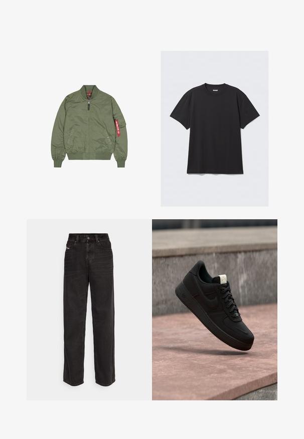 Ελαιόχρωμο bomber jacket, νάιλον υλικό, με φερμουάρ μπροστά, ριγμένα μανίκια και στρίφωμα, πλαϊνές τσέπες, διαθέτει κόκκινη ετικέτα λεπτομέρεια στο αριστερό μανίκι.; Μαύρο κοντομάνικο μπλουζάκι φτιαγμένο από βαμβάκι. Διαθέτει στρογγυλή λαιμόκοψη και άνετη εφαρμογή. Απλός σχεδιασμός χωρίς ορατά μοτίβα ή διακοσμητικά.; Μαύρο τζιν παντελόνι με φαρδιά πόδια και ψηλή μέση, με μπροστινό κούμπωμα, δύο πλευρικές τσέπες και διακριτές ραφές.; Μαύρο αθλητικό παπούτσι Nike Air Force 1 που αιωρείται πάνω από μια ροζ τσιμεντένια ακμή με γκρι πέτρινο φόντο, δείχνοντας λεπτομέρειες από το πλάι και από πάνω.