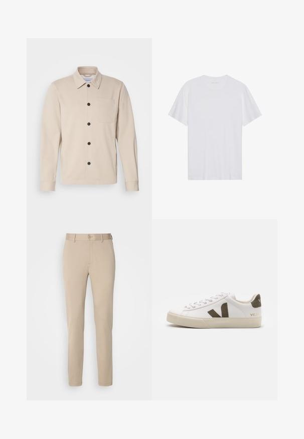 Veste beige à boutons fabriquée dans un tissu doux, avec un col, une poche avant et des boutons noirs. Manches longues avec des poignets cousus.; T-shirt en coton blanc à manches courtes, col rond et texture lisse. Présente un branding minimal au niveau du col.; Pantalon beige en tissu lisse, doté d'une fermeture à bouton, à coupe droite et avec des détails de surpiqûres. Design simple sans motifs.; Baskets en cuir blanc avec une semelle en caoutchouc beige clair. Présentent un logo en V en daim marron et une languette de talon. Fermeture à lacets avec une surface texturée.