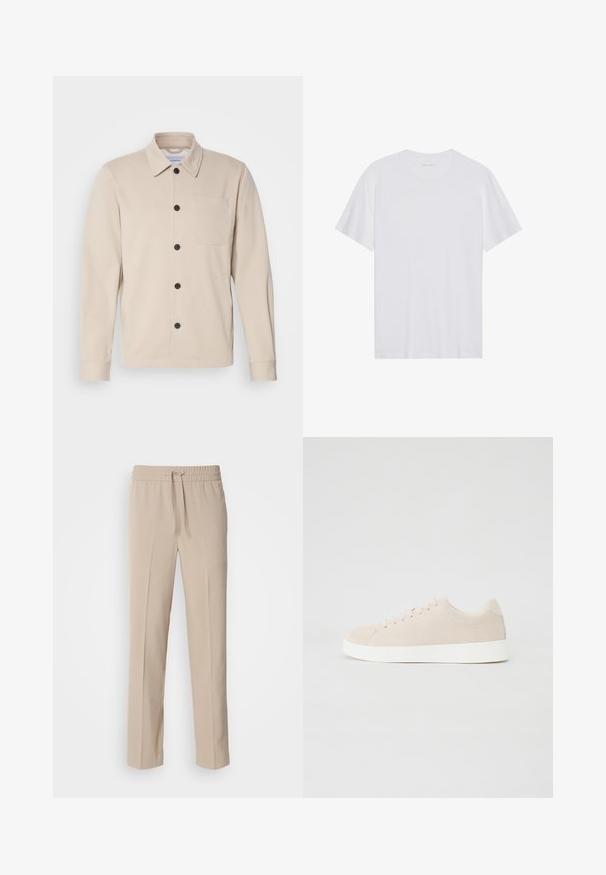 Chaqueta beige de botones, hecha de tejido suave, con cuello, bolsillo frontal y botones negros. Mangas largas con puños cosidos.; Camiseta de algodón blanca con mangas cortas, cuello redondo y una textura suave. Presenta una marca mínima en el escote.; Pantalones beige de corte relajado, hechos de una tela suave, con una cinturilla elástica y cordón ajustable, y piernas rectas con acentos mínimos.; Zapatillas de ante beige con suelas de goma blanca, puntera redondeada y seis ojales para los cordones. Textura suave con un diseño minimalista.