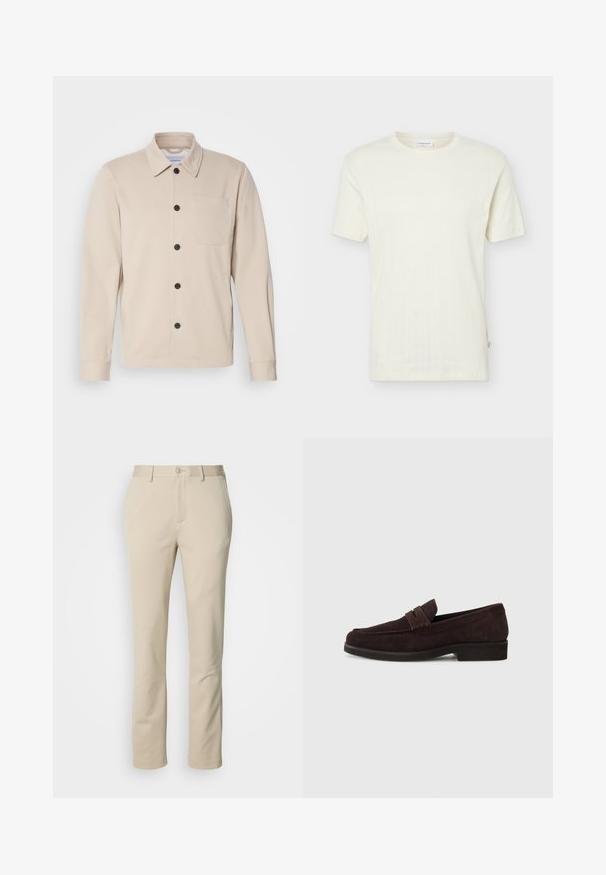 Chaqueta beige de botones, hecha de tejido suave, con cuello, bolsillo frontal y botones negros. Mangas largas con puños cosidos.; Jersey de punto color crema de manga corta con sutiles patrones verticales de trenzado y escote redondo.; Pantalones de algodón beige con un diseño de pierna recta, cierre de botón y parte delantera plana. El material tiene una textura suave y un detalle mínimo.; Mocasines de ante marrón con un perfil bajo y punta redonda. Presentan una correa decorativa en la parte superior, suela plana de goma y sin costuras visibles.