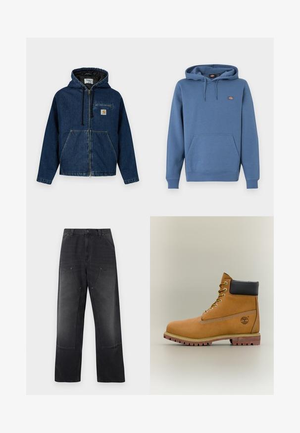 Veste à capuche en denim bleu foncé avec fermeture éclair, poches avant et petite poche poitrine. Comprend une doublure noire et des cordons ajustables.; Sweat à capuche de couleur bleu moyen, fabriqué en matière douce avec une poche avant, des poignets côtelés et un logo brodé sur la poitrine.; Jean noir à jambe large avec poches plaquées à l'avant, passants pour ceinture, et fermeture par bouton et zip.; Bottine en cuir marron avec col noir, lacets jaunes et semelle beige. Présente un logo et des détails de couture blanche. Semelle extérieure à traction robuste.