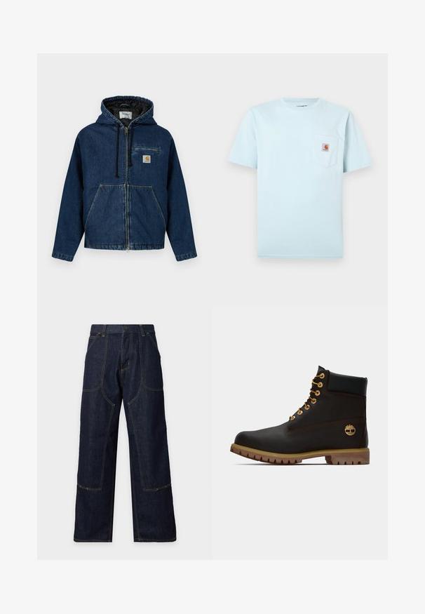 Veste à capuche en denim bleu foncé avec fermeture éclair, poches avant et petite poche poitrine. Comprend une doublure noire et des cordons ajustables.; T-shirt bleu clair à manches courtes et col rond avec une poche poitrine ornée d'un petit patch logo Carhartt brun et orange.; Pantalon en jean bleu foncé à jambes larges, coutures contrastées, poches plaquées devant et fermeture par bouton à la taille.; Bottine noire en cuir avec œillets dorés, accents marron et semelle en caoutchouc. Comprend un col rembourré et un logo estampé sur le côté.