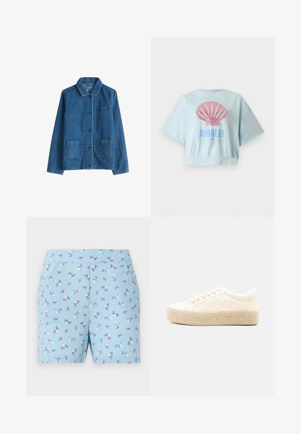 Denim jack met een donkere blauwe kleur, een kraag, een sluiting met knopen aan de voorkant, twee opgestikte zakken en zichtbare stiksels. Glad textuur.; Lichtblauwe cropped trui met wijde mouwen, met een grote roze glitter schelp en de tekst "AMALFI ITALY" op de voorkant.; Blauwe shorts van zachte stof, met een bloemenpatroon met witte en paarse bloemen, en zijzakken. Ontworpen voor comfort en stijl.; Witte lage sneaker met bloemmotief van kant en gevlochten jute platformzool, vetersluiting, zijaanzicht op een lichte achtergrond.
