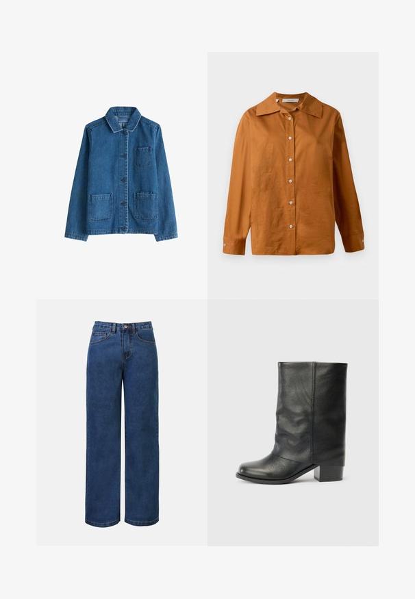 Denim jack met een donkere blauwe kleur, een kraag, een sluiting met knopen aan de voorkant, twee opgestikte zakken en zichtbare stiksels. Glad textuur.; Langhemd, met knopen, in roestbruin met een brede kraag en witte knopen, weergegeven tegen een witte achtergrond.; Donkerblauwe denim wijde jeans met hoge taille, voorzien van een knoopsluiting, riemlussen en voor- en achterzakken. Glad textuur.; Zwarte leren laars tot halverwege de kuit met een ronde neus en blokhak, staand tegen een effen lichtgrijze achtergrond.