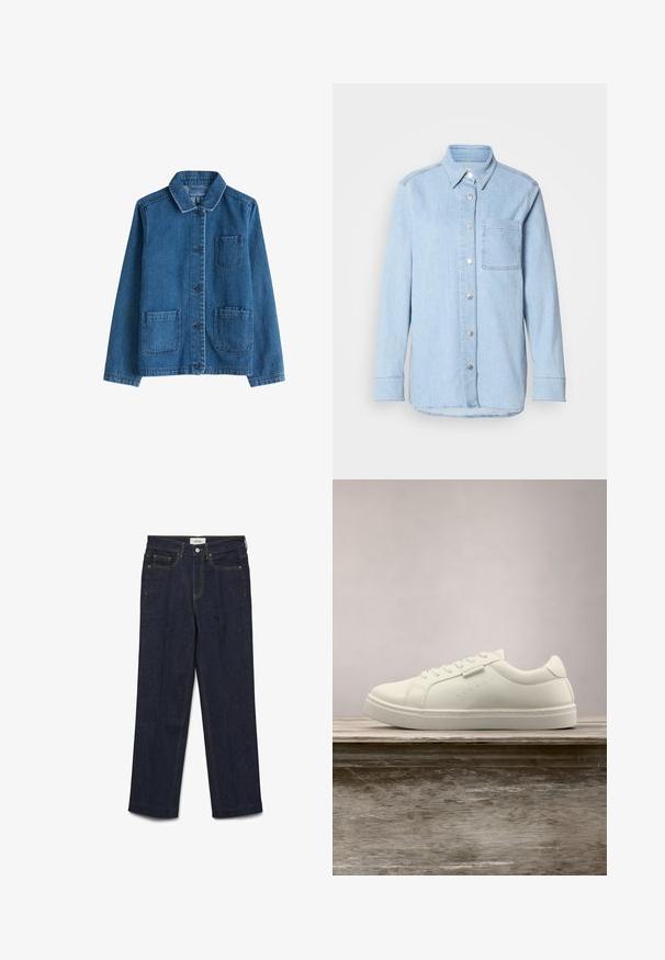 Chaqueta de mezclilla en azul oscuro con cuello, cierre frontal de botones, dos bolsillos de parche y detalles de costura visibles. Textura suave.; Camisa de denim azul claro con botón en el frente, collar puntiagudo, un bolsillo en el pecho y mangas largas con puños abotonados.; Pantalones vaqueros de mezclilla azul oscuro con un diseño de pierna recta, costuras amarillas, dos bolsillos frontales y cierre con cremallera.; Zapatilla blanca de cuero con cordones flotando sobre un banco de madera, con hierba alta verde desenfocada al fondo en un entorno al aire libre.