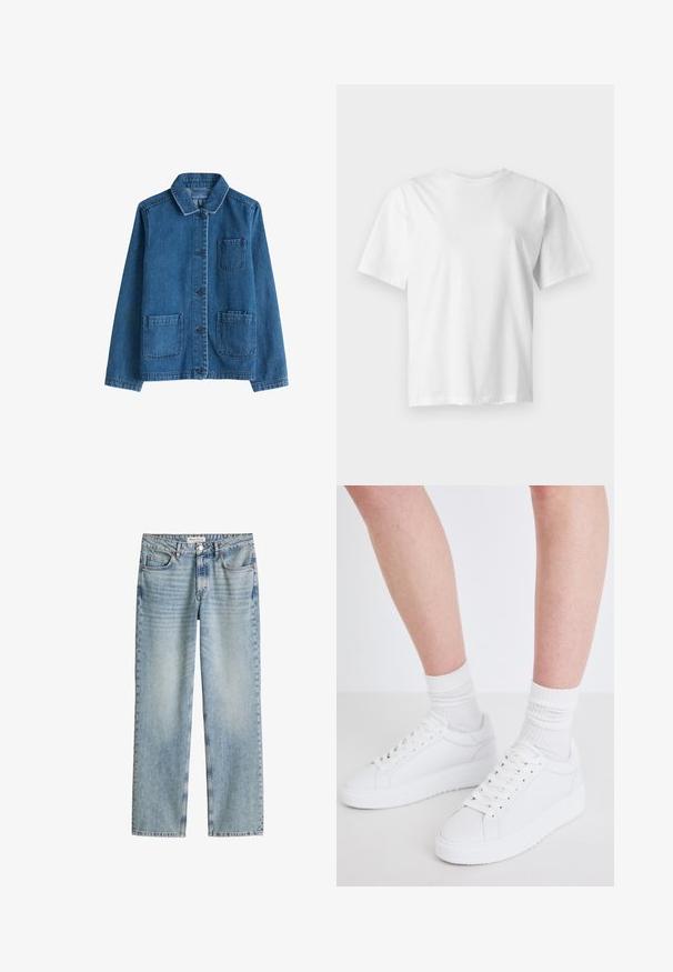 Denim jack met een donkere blauwe kleur, een kraag, een sluiting met knopen aan de voorkant, twee opgestikte zakken en zichtbare stiksels. Glad textuur.; Effen wit T-shirt met korte mouwen en ronde hals, plat weergegeven op een lichtgrijze achtergrond.; Lichtblauwe denim jeans met rechte pijpen, voor- en achterzakken, knoop- en ritssluiting, en een Marc O'Polo-label op de tailleband.; Copenhagen Studios CPH72 - Sneakers laag - white