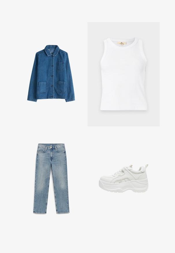Denim jack met een donkere blauwe kleur, een kraag, een sluiting met knopen aan de voorkant, twee opgestikte zakken en zichtbare stiksels. Glad textuur.; Wit geribd mouwloos crop top met ronde hals en een zichtbaar beige merklabel binnenin de kraag.; Lichtblauwe rechte spijkerbroek met vijf zakken en een knoopsluiting, plat uitgestald op een witte achtergrond.; Witte chunky sneaker met dikke zool, veters aan de voorkant, gevoerde kraag en trekriem aan de hiel.