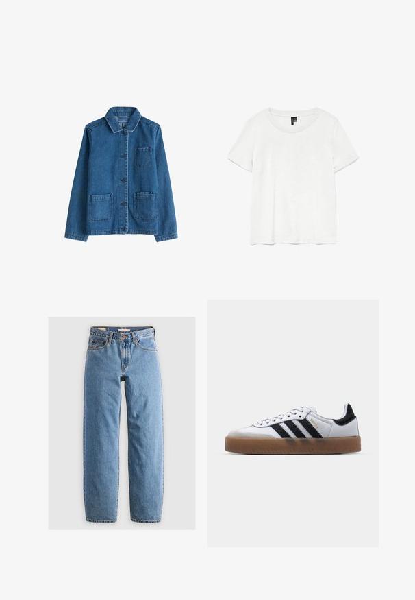 Jeansjakke i mørkeblå med krave, frontknaplukning, to påsyede lommer og synlige syninger. Glat tekstur.; Hvid kortærmet t-shirt med rund halsudskæring, lavet af letvægtsstof. Enkel design, glat tekstur og lige kant.; Lysblå denim jeans med lige ben-design, fem lommer, lynlås og en subtil falmet tekstur. Klassisk stil med minimal hardware.; Hvide lædersneakers med sorte striber, gummirubber sål, rund tå, snørelukning og blød grå ruskinds tåhætte.