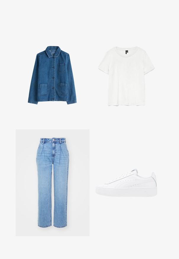 Denim jack met een donkere blauwe kleur, een kraag, een sluiting met knopen aan de voorkant, twee opgestikte zakken en zichtbare stiksels. Glad textuur.; Witte t-shirt met korte mouwen en een ronde hals, gemaakt van lichte stof. Eenvoudig ontwerp, gladde textuur en rechte zoom.; Lichtblauwe denim jeans met een hoge taille, wijde pijpen en plooien aan de voorkant. Heeft typische stiksels en een knoopsluiting bij de taille.; Witte platte sneakers met leren bovenzijde, ronde neus en vetersluiting. Voorzien van zijperforaties en subtiele branding op de hak.