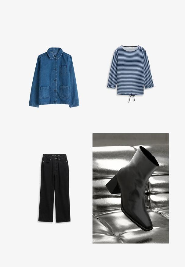 Denim jack met een donkere blauwe kleur, een kraag, een sluiting met knopen aan de voorkant, twee opgestikte zakken en zichtbare stiksels. Glad textuur.; Blauw-zwart gestreept shirt met lange mouwen, ronde hals, twee knopen op de schouders en een trekkoord in het midden van de zoom.; Zwarte jeans met wijde pijpen, vooraan met knoop- en ritsluiting, twee voorvakken en riemlussen.; Zwarte enkellaarsjes van glanzend materiaal met een vierkante neus en taps toelopende hak, afgezet tegen een glanzende zilveren gecapitonneerde achtergrond.