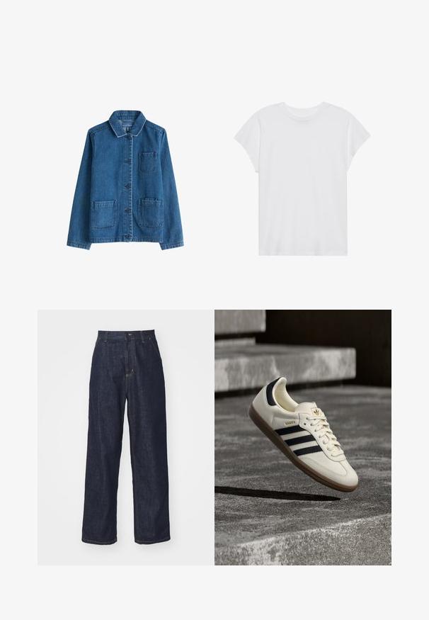 Jeansjakke i mørkeblå med krave, frontknaplukning, to påsyede lommer og synlige syninger. Glat tekstur.; Hvid kortærmet t-shirt med rund hals, afslappet pasform, lavet af blødt bomuldsstof. Glat tekstur, ingen mønstre eller logoer.; Mørkeblå lige ben denim jeans med bæltestropper, frontknap og sidelommer på en hvid baggrund.; Hvid Adidas Samba sneaker med sorte striber og gummsål, svævende over teksturerede grå betonstrin.