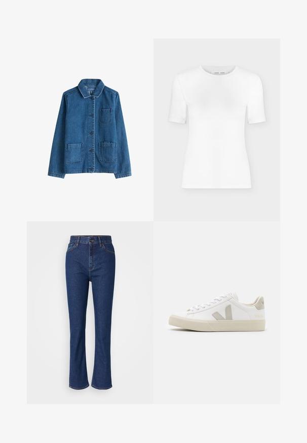 Jeansjakke i mørkeblå med krave, frontknaplukning, to påsyede lommer og synlige syninger. Glat tekstur.; Hvid T-shirt med rund hals, korte ærmer, slank pasform og ribbet stofstruktur, vist på en ensfarvet lys grå baggrund.; Højtaljede blå denimjeans med flagrende ben, der har synlige syninger, en foran-knap og fem lommer for funktionalitet.; Hvide sneakers lavet af læder med grå V-logo detaljer, struktureret gummisål, hvide snørebånd samt polstret tunge og krave.