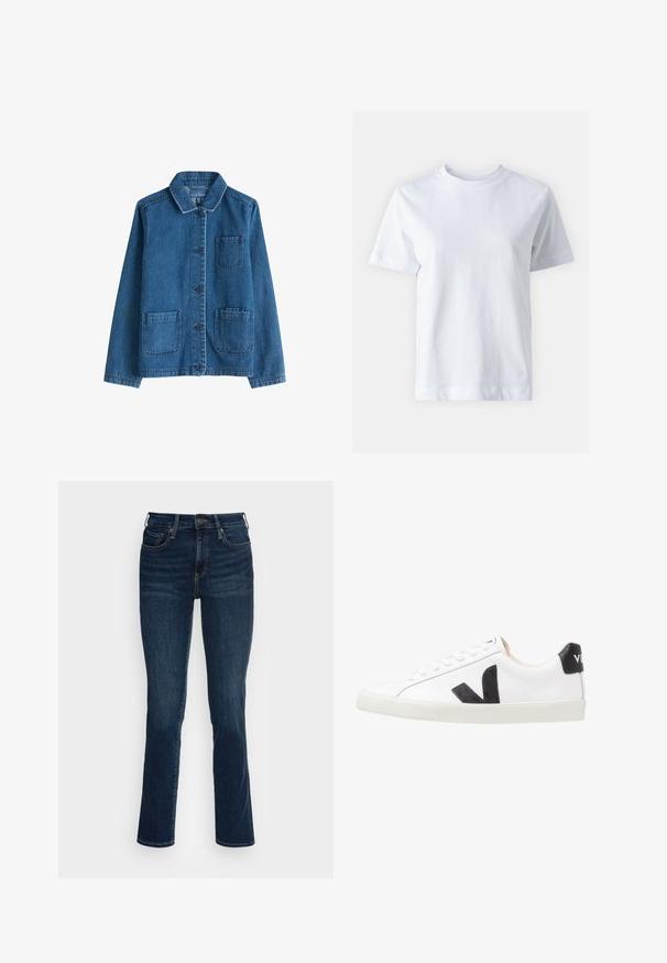Chaqueta de mezclilla en azul oscuro con cuello, cierre frontal de botones, dos bolsillos de parche y detalles de costura visibles. Textura suave.; T-shirt de algodón blanco con cuello redondo, mangas cortas, corte recto y textura suave. Sin patrones ni adornos.; Jeans de mezclilla azul oscuro con un diseño ajustado, cintura alta, piernas rectas y detalles en metal de color cobre. Textura suave con un desvanecimiento mínimo.; Zapatilla blanca con un logo en V negro, con una parte superior de cuero liso, puntera redonda, cierre de cordones y una lengüeta en el talón de color negro en contraste.