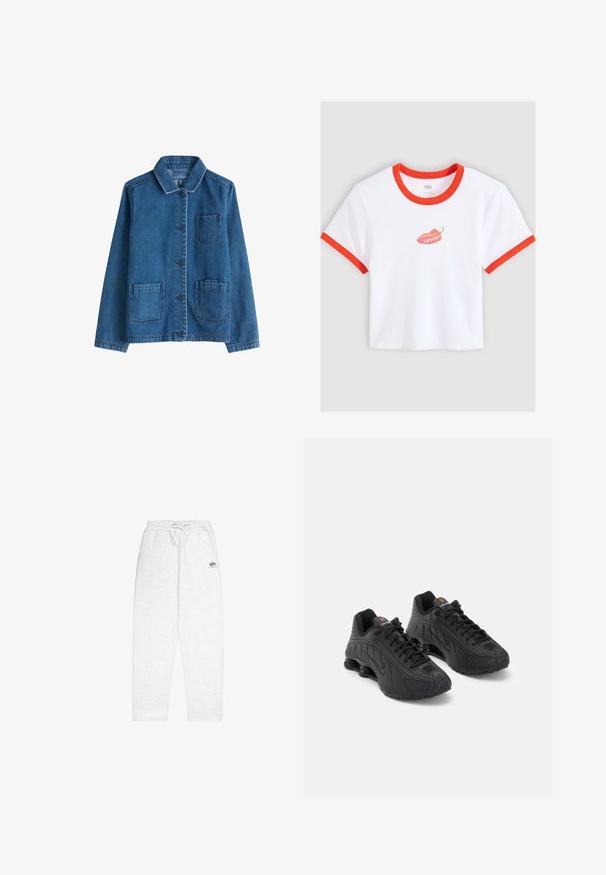Denim jack met een donkere blauwe kleur, een kraag, een sluiting met knopen aan de voorkant, twee opgestikte zakken en zichtbare stiksels. Glad textuur.; Witte cropped T-shirt met rode bies aan kraag en mouwen, met een rode chilipeper afbeelding en de tekst "Levi's" in het midden.; Lichtgrijze sweatpants van zachte stof, met een elastische tailleband met koord, zijzakken en een klein logo op de voorkant.; Zwarte sportschoenen met een glad synthetisch bovenwerk, getextureerde accenten, vetersluiting en zichtbare veerkrachtige demping bij de hiel.