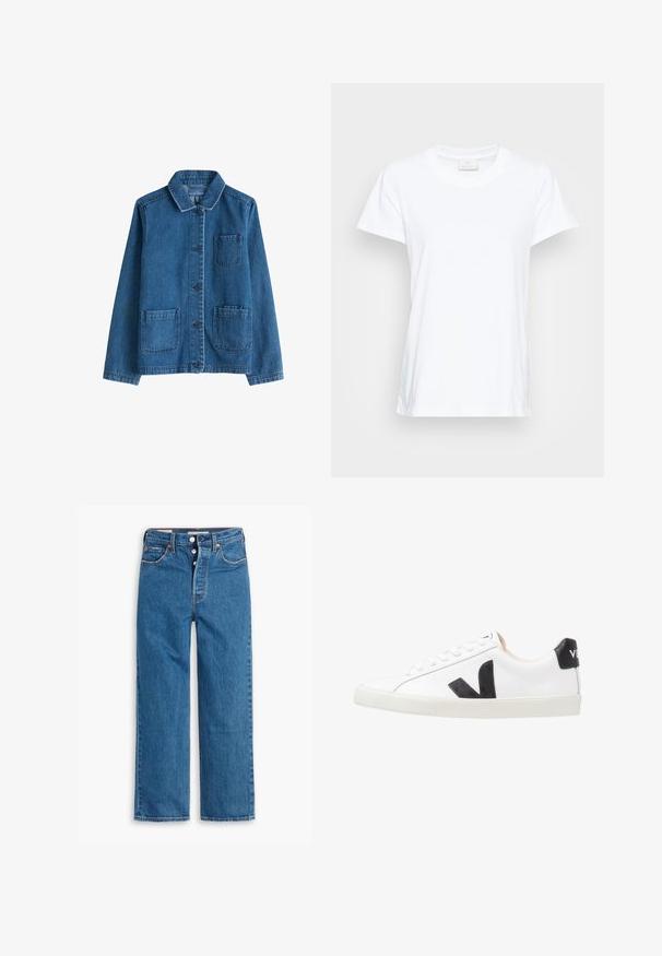 Jeansjakke i mørkeblå med krave, frontknaplukning, to påsyede lommer og synlige syninger. Glat tekstur.; Hvid kortærmet t-shirt lavet af blød bomuld. Har en rund halsudskæring og en let løs pasform med sideslidser for ekstra komfort.; Blå denim lige ben jeans med høj talje, fem lomme design og knaplukning. Markante syninger og kobberfarvede nitter.; Hvide sneakers med et sort V-logo, der har en glat læderoverdel, rund tå, snørrelukning og en kontrasterende sort hælflap.