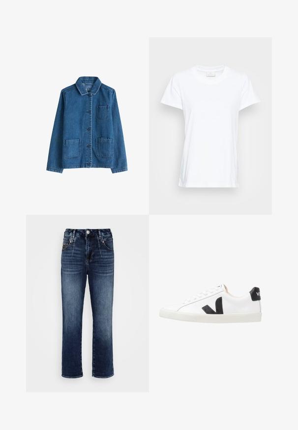 Denim jack met een donkere blauwe kleur, een kraag, een sluiting met knopen aan de voorkant, twee opgestikte zakken en zichtbare stiksels. Glad textuur.; Witte t-shirt met korte mouwen, gemaakt van zachte katoen. Heeft een ronde halslijn en een iets losse pasvorm met zijsplitten voor extra comfort.; Herrlicher BROOKE - Relaxed fit jeans - restless night; Witte sneaker met een zwart V-logo, voorzien van een gladleren bovenwerk, ronde neus, vetersluiting en een contrasterende zwarte hieltab.