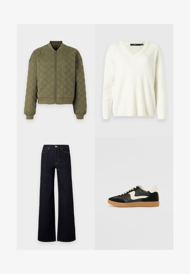 Veste bombers matelassée en vert olive, dotée d'une fermeture éclair sur le devant, de poignets et d'un ourlet côtelés, ainsi qu'un motif fleuri embossé sur le tissu.; Pull blanc à col en V avec des poignets et un ourlet côtelés. Texture douce, coupe ample et fentes sur les côtés. Étiquette visible au niveau du col.; Jeans large en denim bleu foncé, avec une taille haute, des coutures contrastées et un unique bouton métallique à l'avant.; Baskets en daim et cuir noir avec un swoosh latéral crème et un talon crème clair. Dotées de lacets beige et d'une semelle en caoutchouc gomme.