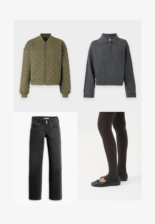 Veste bombers matelassée en vert olive, dotée d'une fermeture éclair sur le devant, de poignets et d'un ourlet côtelés, ainsi qu'un motif fleuri embossé sur le tissu.; Pull en maille gris foncé avec un col à revers, trois boutons, et des poignets et un ourlet côtelés. Présente une silhouette courte et une texture douce.; Jean noir à jambe droite avec poches avant et arrière, passants de ceinture et fermeture à double bouton à la taille.; Jambes portant des leggings côtelés foncés associés à des ballerines noires avec de petits détails en nœud sur fond blanc.