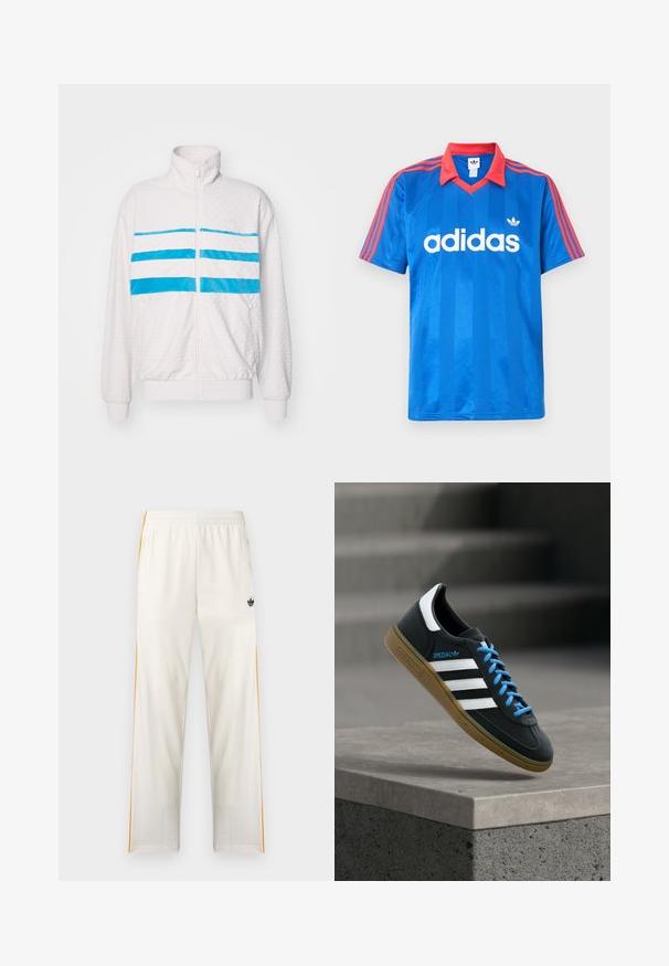 Valkoinen vetoketjullinen takki, jossa on tikattu rakenne, ja rinnassa kolme horisontaalista sinistä raitaa. Pystykolu ja joustavat hihansuut.; Sininen Adidas-lyhythihainen urheilupaita, jossa on punainen kaulus ja raidat harteilla, valkoinen Adidas-logo ja kolmen lehden merkki rinnassa.; Valkoiset verkkarit, joissa oranssit sivuraidat, joustava vyötärönauha, vetoketjulliset sivutaskut ja musta Adidas-timanttilogolla oikeassa reisessä.; Musta Adidas-tennari valkoisilla raidoilla, sinisillä nauhoilla ja kumipohjalla kelluu pehmeässä valossa harmaan betonisen portaan yllä.