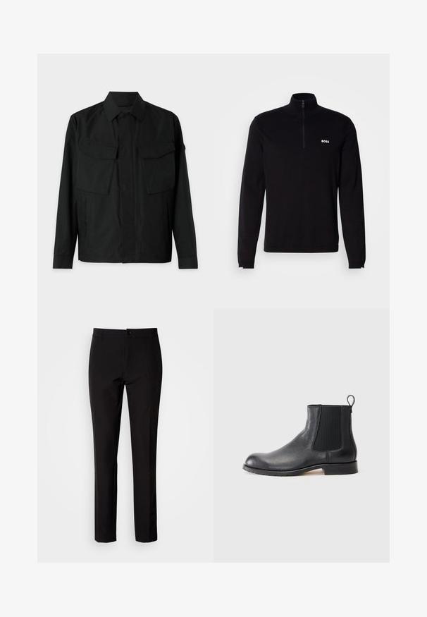 Sort jakke med krave, to brystlommer, sideslidser og lange ærmer. Lavet af et glat, mat stof.; Sort langærmet pullover med halvlukket lynlås ved kraven, med ribbet tekstur og hvid "BOSS"-logo på brystet. Blød stoffinish.; Sorte bukser lavet af glat stof, med lige ben, lukkes med knapper foran og har diskrete sidelommer. Enkelt og skræddersyet udseende.; Sort læder Chelsea-boot med struktureret overdel, elastiske sidepaneler og en løfteløkke. Har en flad gummisål og design med rund tå.