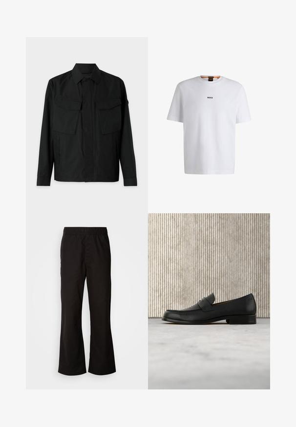 Sort jakke med krave, to brystlommer, sideslidser og lange ærmer. Lavet af et glat, mat stof.; Hvid bomuld T-shirt med korte ærmer, med et sort "BOSS" logo centreret på brystet og en rund halsudskæring.; Sorte bukser med elastisk talje og n tapered form, lavet af glat bomuldsstof. Har et enkelt design og lige benåbninger.; Sort lædersko i loafer-stil svæver over et beige tæppe med et blankt brunt rundt bord i baggrunden.
